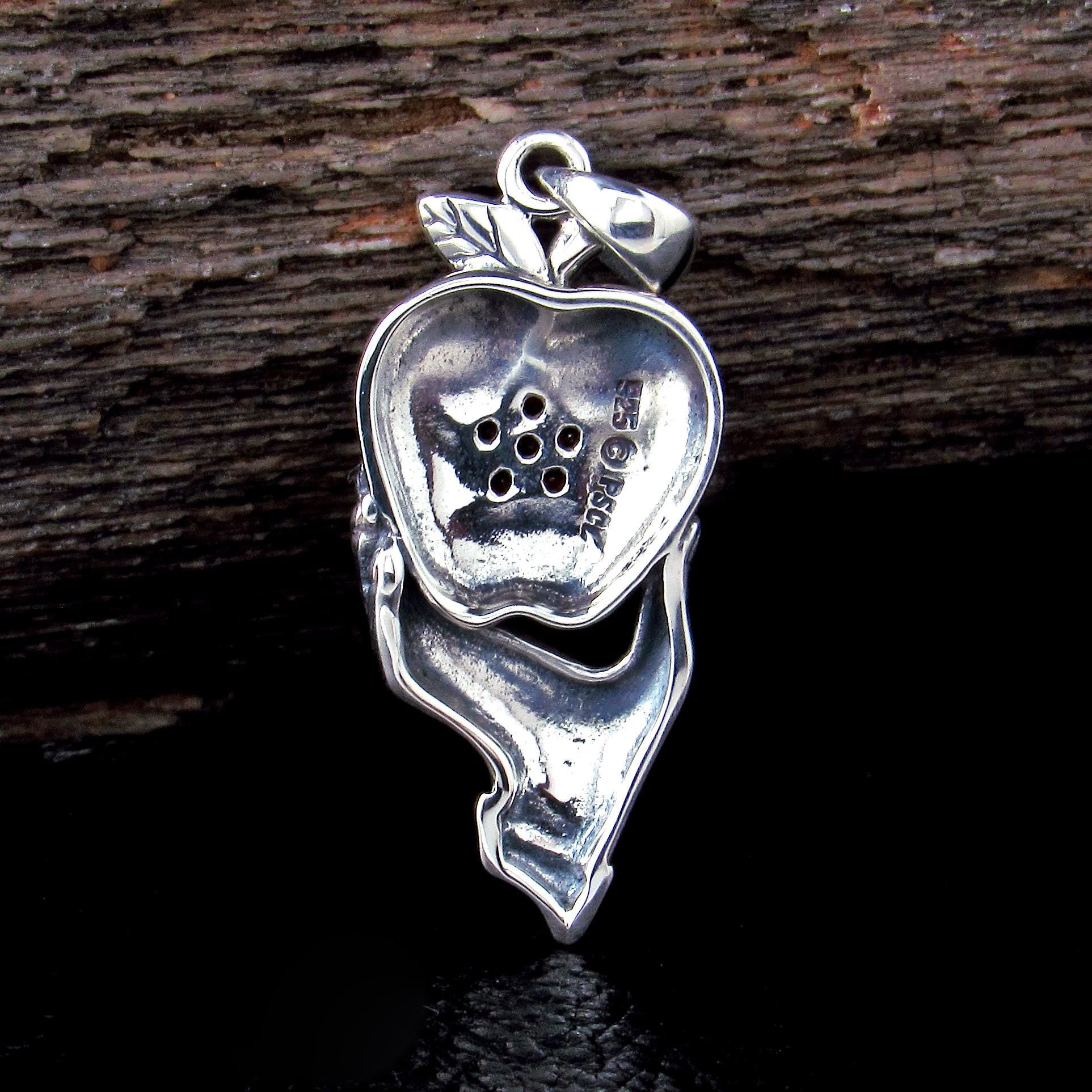 Solid 925 Sterling Silver Hand Holding Apple with Garnet and Marcasite Pentagram Pendant, Handcrafted Adam & Eve Forbidden Fruit Jewelry