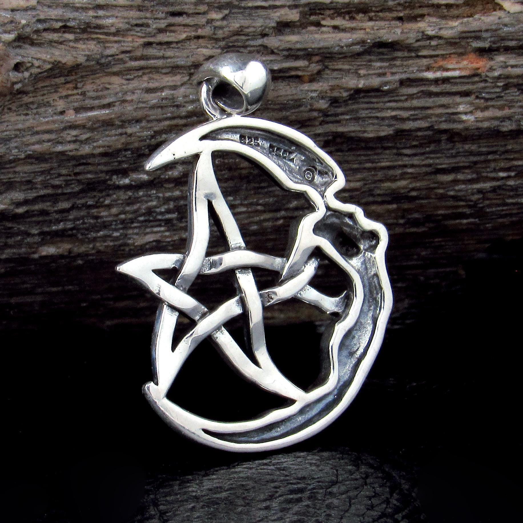 Solid 925 Sterling Silver Moon Goddess The Star Pentagram Pendant, Pagan Wicca Amulet