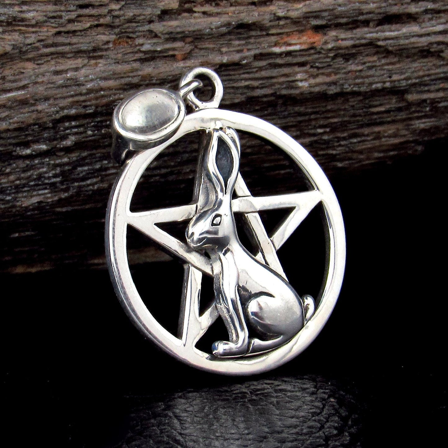 Solid 925 Sterling Silver Hare Pentacle Pendant, Pagan Wiccan Ostara Jewelry, Spring Equinox Rabbit Charm, Witchcraft Nature Amulet