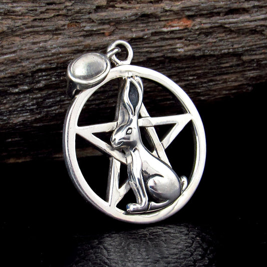 Solid 925 Sterling Silver Hare Pentacle Pendant, Pagan Wiccan Ostara Jewelry, Spring Equinox Rabbit Charm, Witchcraft Nature Amulet
