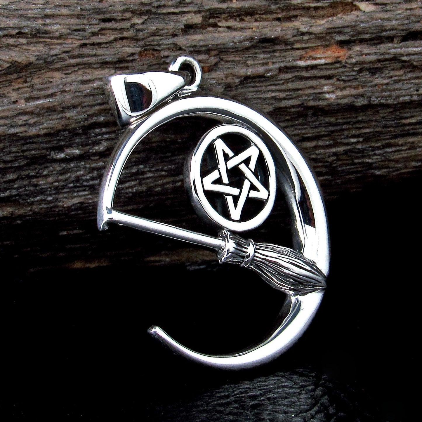 Solid 925 Sterling Silver Crescent Moon Pentacle & Witch's Broom Pendant, Pagan Wiccan Magic Amulet