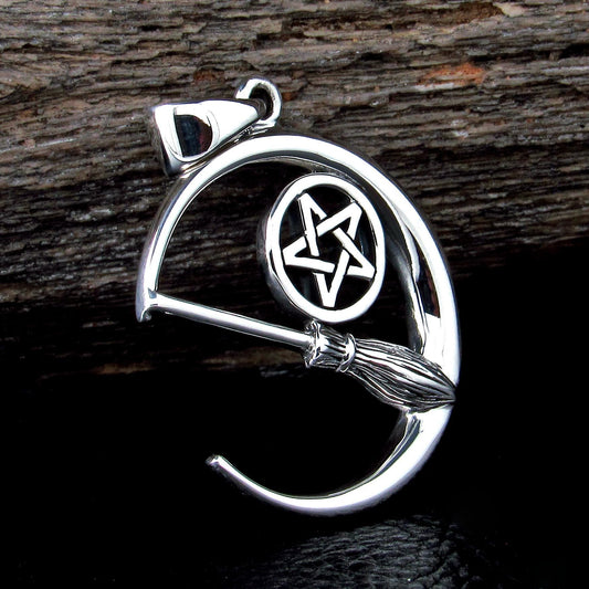 Solid 925 Sterling Silver Crescent Moon Pentacle & Witch's Broom Pendant, Pagan Wiccan Magic Amulet
