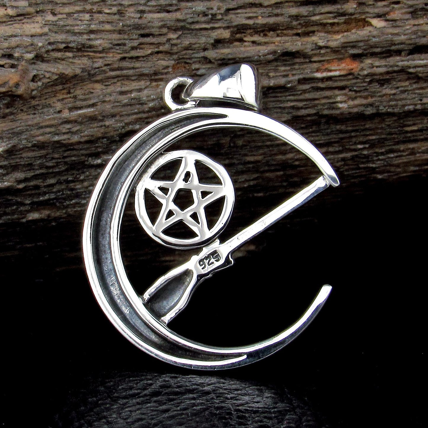 Solid 925 Sterling Silver Crescent Moon Pentacle & Witch's Broom Pendant, Pagan Wiccan Magic Amulet