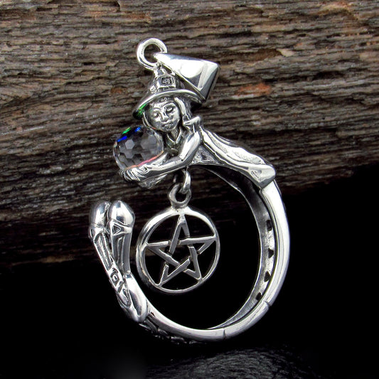 Crystal Ball Witch Pendant / Solid 925 Sterling Silver / Pentacle Pendant, Gothic Wiccan Pagan Jewelry, Occult Symbolism Witchcraft Talisman