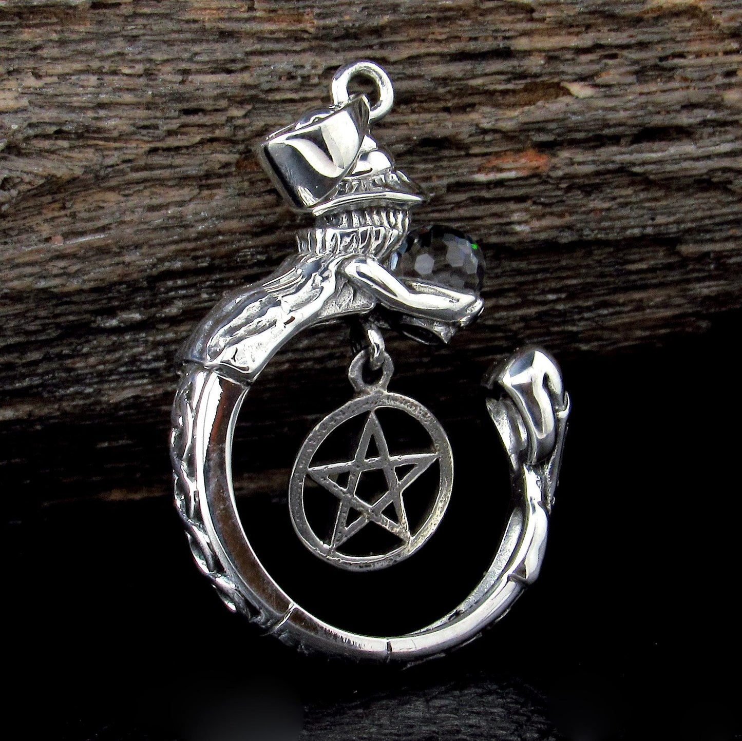 Crystal Ball Witch Pendant / Solid 925 Sterling Silver / Pentacle Pendant, Gothic Wiccan Pagan Jewelry, Occult Symbolism Witchcraft Talisman