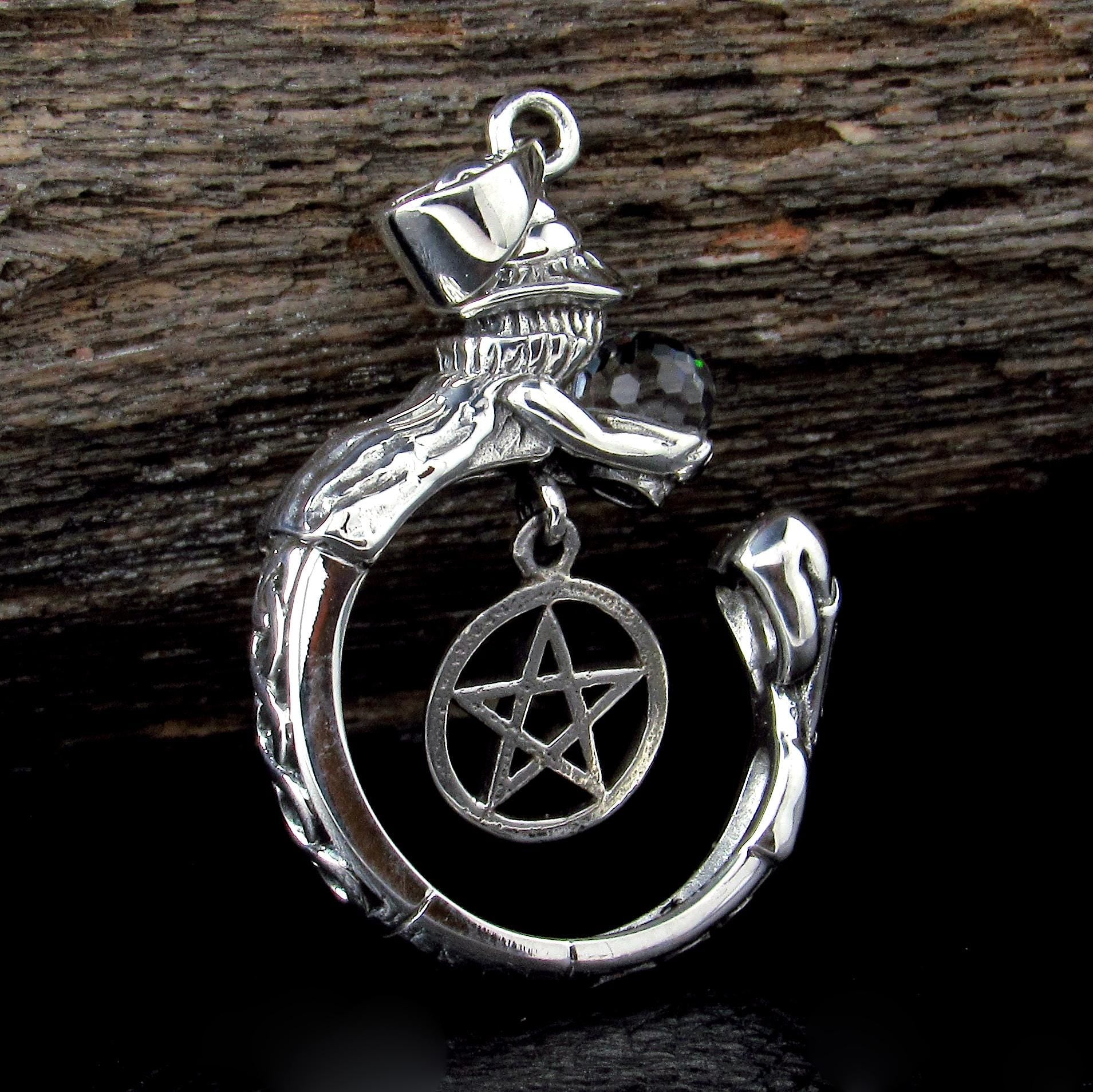 Crystal Ball Witch Pendant / Solid 925 Sterling Silver / Pentacle Pendant, Gothic Wiccan Pagan Jewelry, Occult Symbolism Witchcraft Talisman
