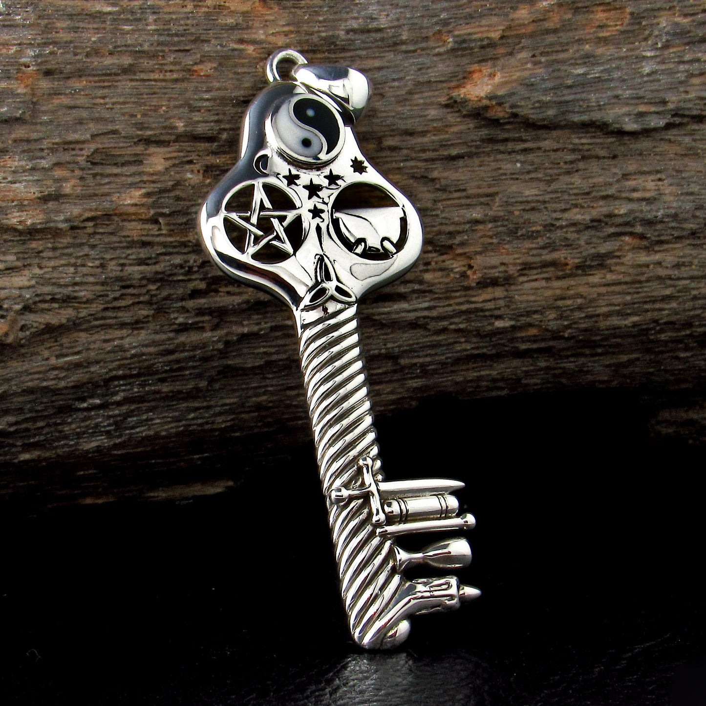 Solid 925 Sterling Silver The Bewitching Key of Magick Wicca Pendant by Sabrina the Ink Witch, Pagan Yin Yang Key