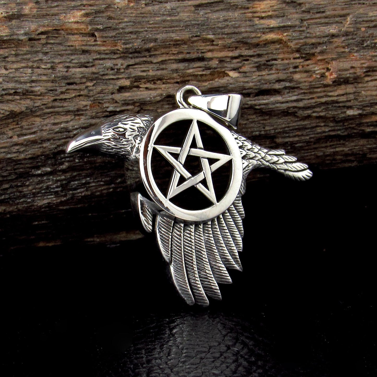 Solid 925 Sterling Silver Raven the Star Pentacle Pendant, Magical Pagan Wiccan Amulet, Symbol of the Elements