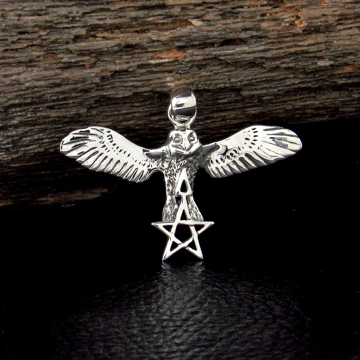 Solid 925 Sterling Silver Flying Owl with The Pentagram Star & Triangle Pendant, Pagan Wicca Amulet