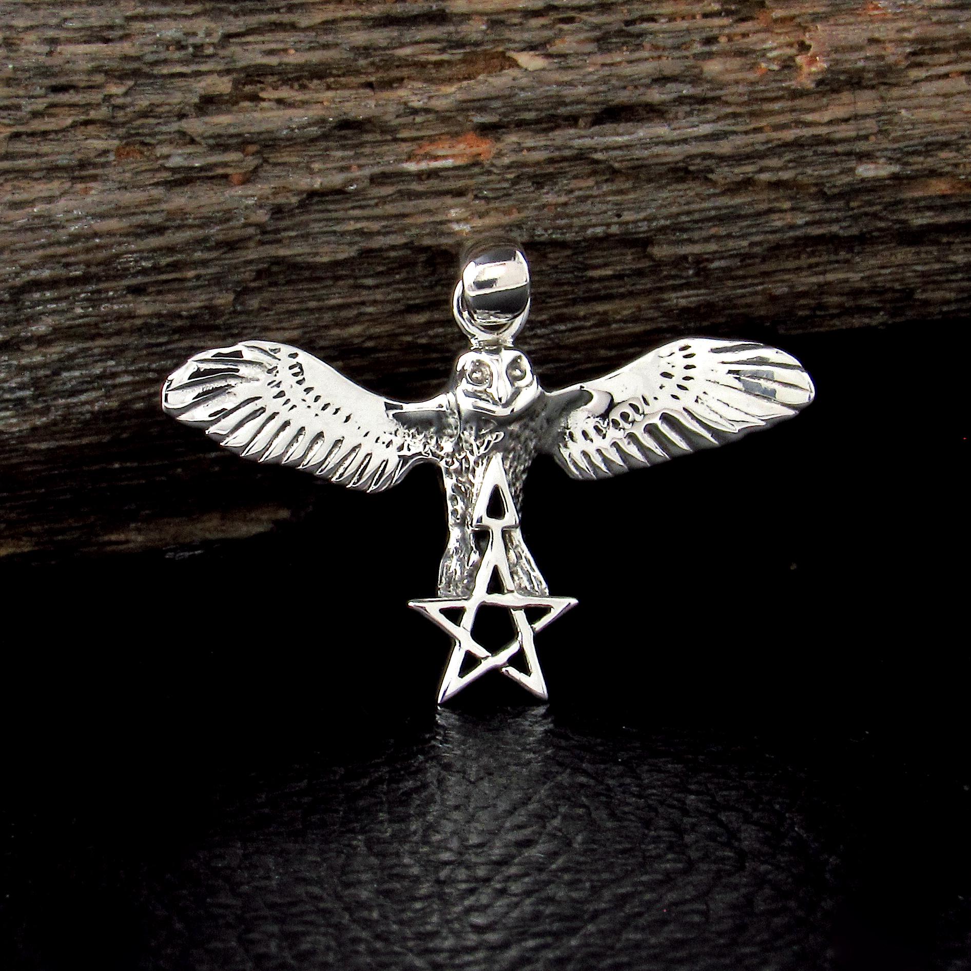 Solid 925 Sterling Silver Flying Owl with The Pentagram Star & Triangle Pendant, Pagan Wicca Amulet