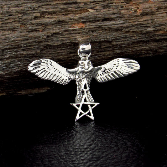 Solid 925 Sterling Silver Flying Owl with The Pentagram Star & Triangle Pendant, Pagan Wicca Amulet