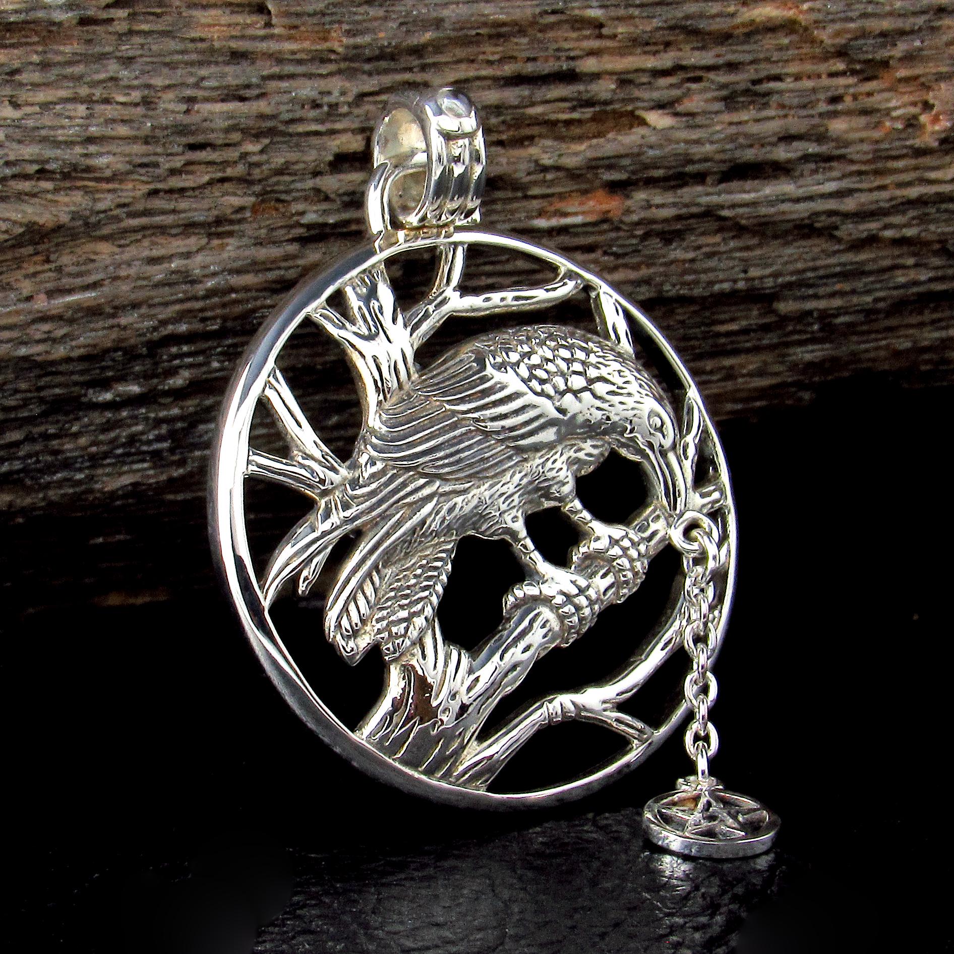 Solid 925 Sterling Silver Raven Macha Goddess Pendant, Celtic Crow Pentacle Amulet, Pentagram Talisman