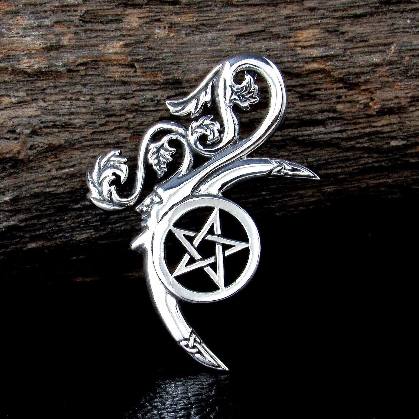 Solid 925 Sterling Silver Green Man Celtic Moon Pentacle Pendant, Symbol of Rebirth Pagan Amulet