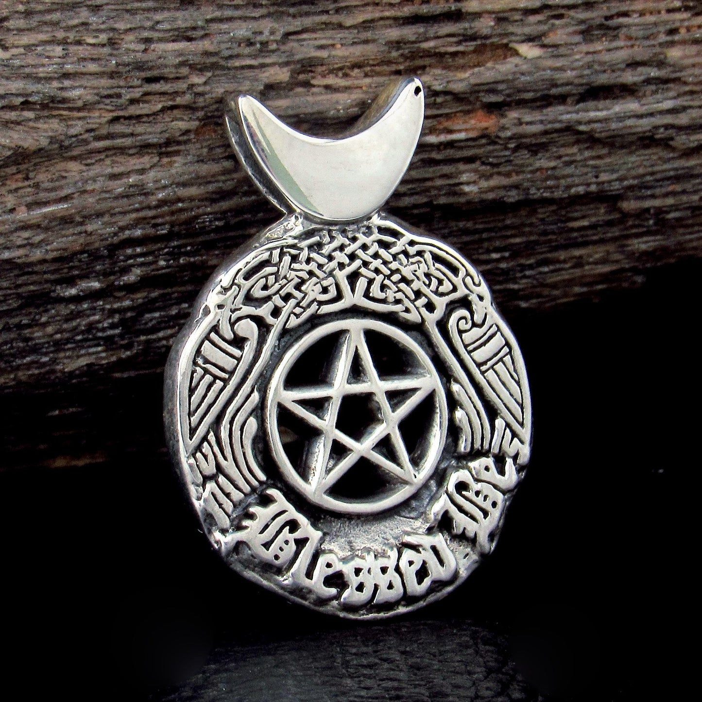 Solid 925 Sterling Silver Blessed Be the Star Crescent Moon Pentacle Pendant, Celtic Birds & Knotwork, Witch's Magic Amulet