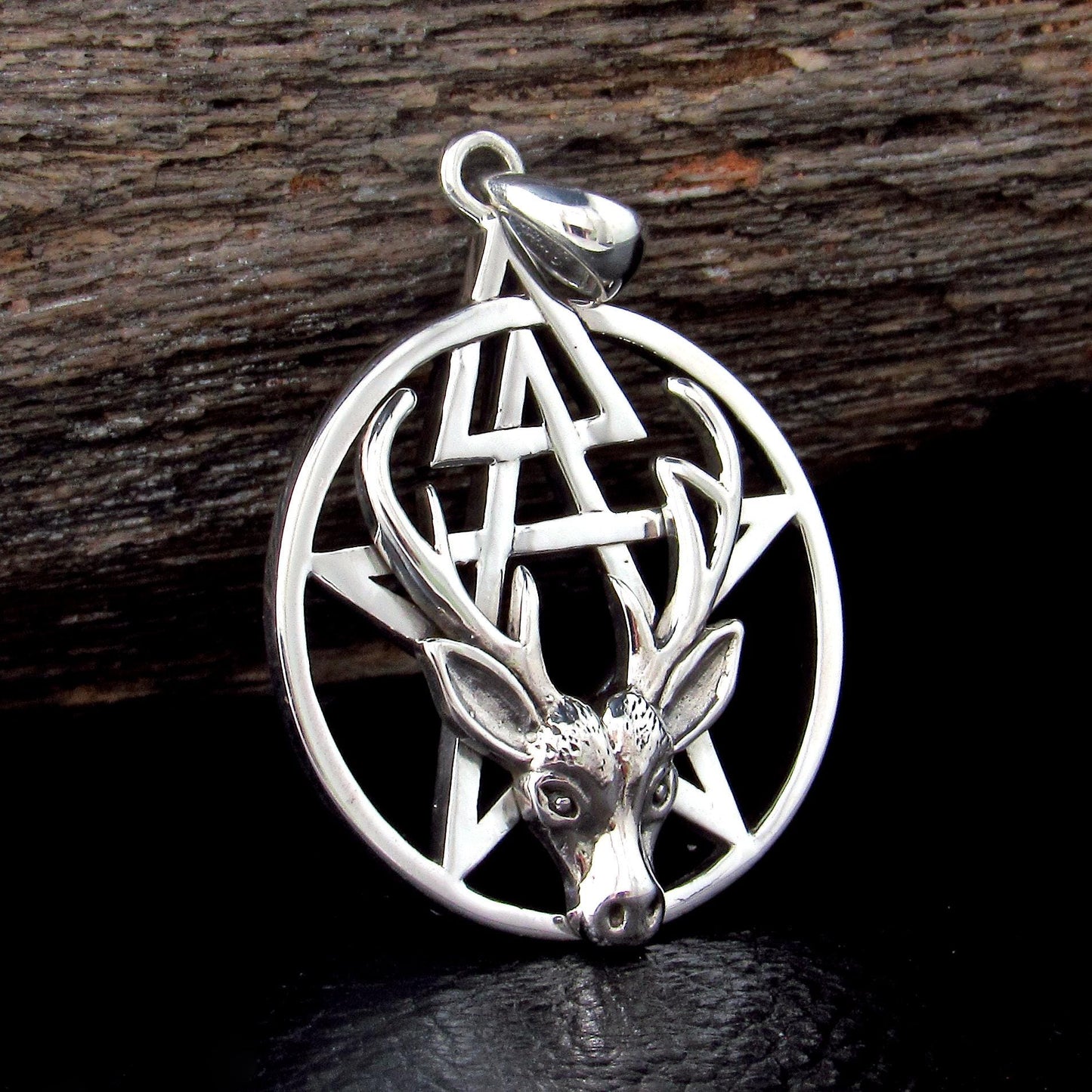 Third Degree Deer Head Pentacle Pendant / Solid 925 Sterling Silver, Stag Antler Pagan Necklace Amulet, Wiccan Baphomet Horned God Talisman