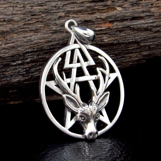 Third Degree Deer Head Pentacle Pendant / Solid 925 Sterling Silver, Stag Antler Pagan Necklace Amulet, Wiccan Baphomet Horned God Talisman