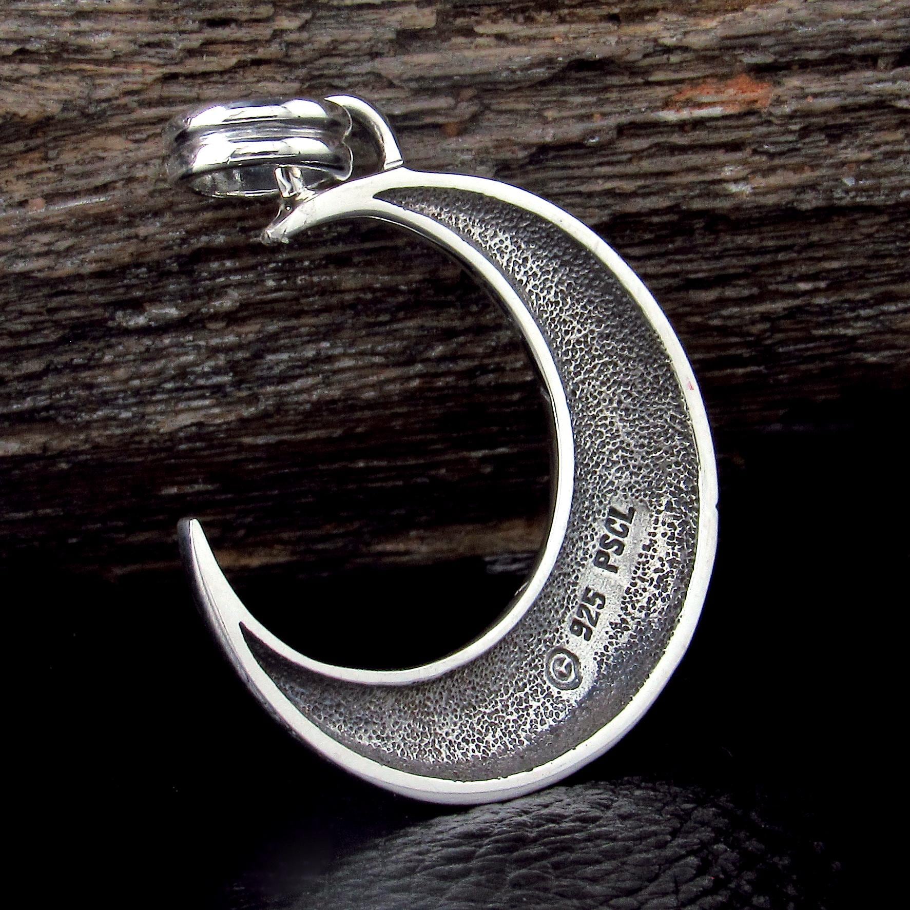 Solid 925 Sterling Silver Steampunk Crescent Moon Pendant, Mechanical Gear Moon Necklace Amulet