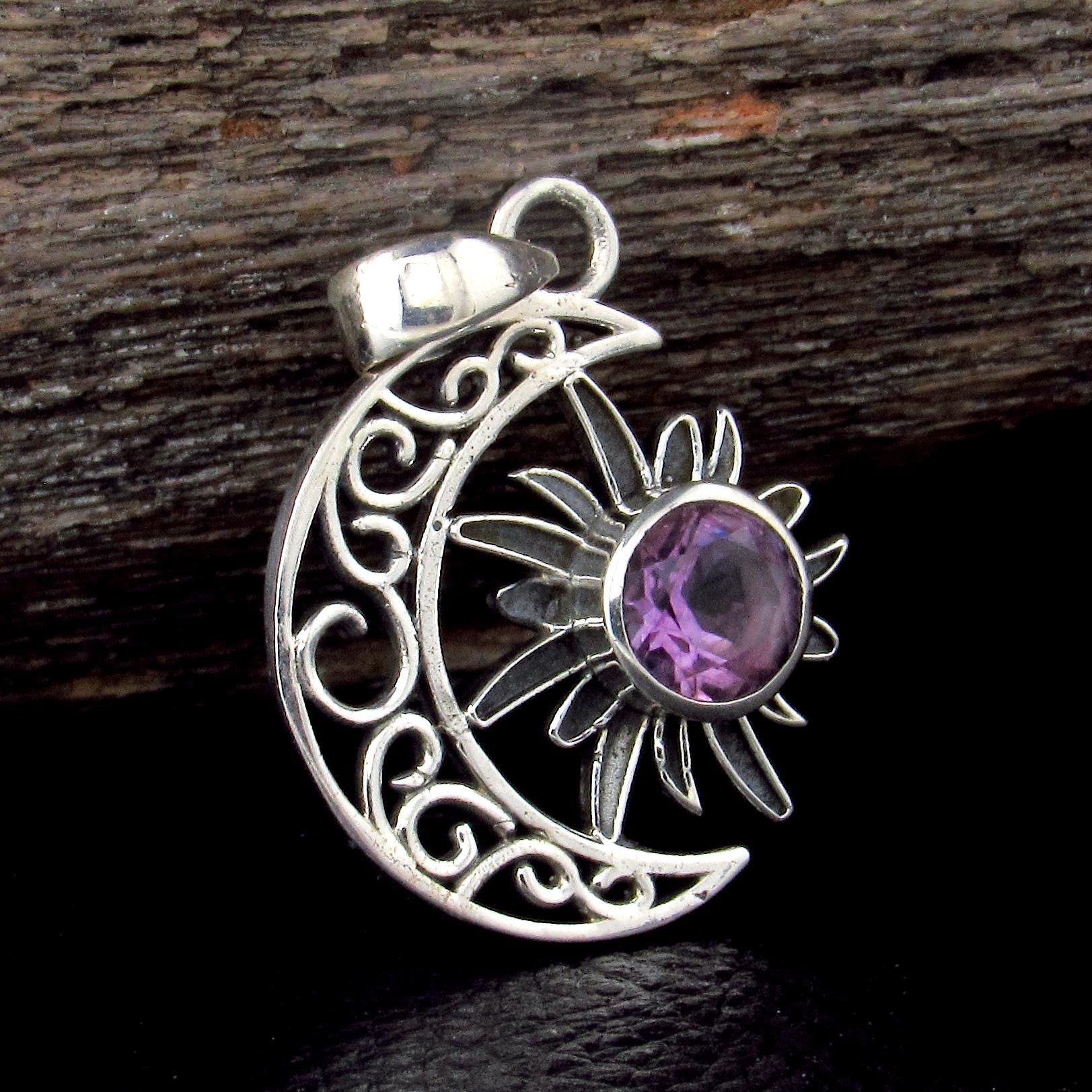 Solid 925 Sterling Silver Crescent Moon & Sun Gemstone Pendant - Amethyst, Citrine, Labradorite, Moonstone, Turquoise