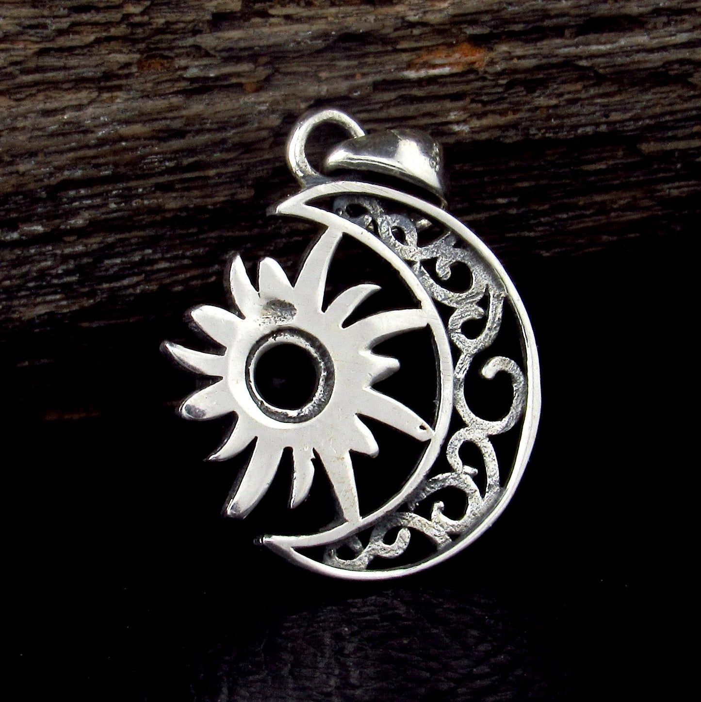 Solid 925 Sterling Silver Crescent Moon & Sun Gemstone Pendant - Amethyst, Citrine, Labradorite, Moonstone, Turquoise