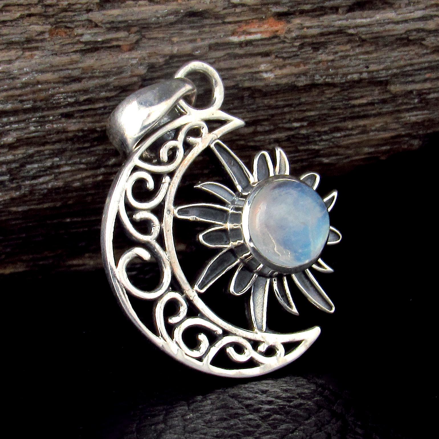 Solid 925 Sterling Silver Crescent Moon & Sun Gemstone Pendant - Amethyst, Citrine, Labradorite, Moonstone, Turquoise