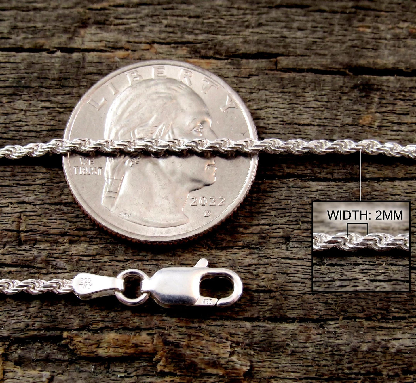 2MM Italian Diamond Cut Rope Chain, Solid 925 Sterling Silver Necklace or Bracelet