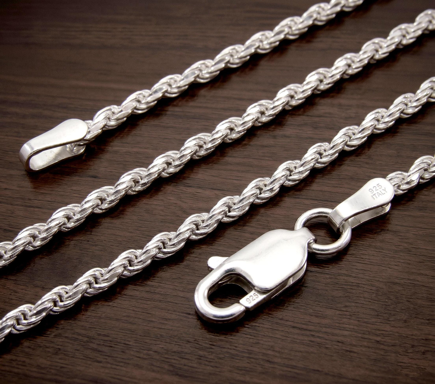 2MM Italian Diamond Cut Rope Chain, Solid 925 Sterling Silver Necklace or Bracelet