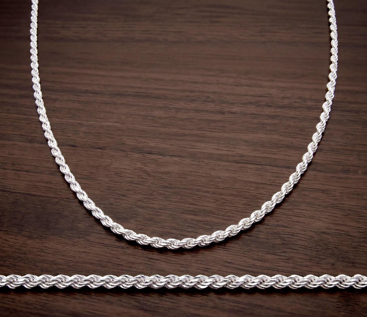 2MM Italian Diamond Cut Rope Chain, Solid 925 Sterling Silver Necklace or Bracelet