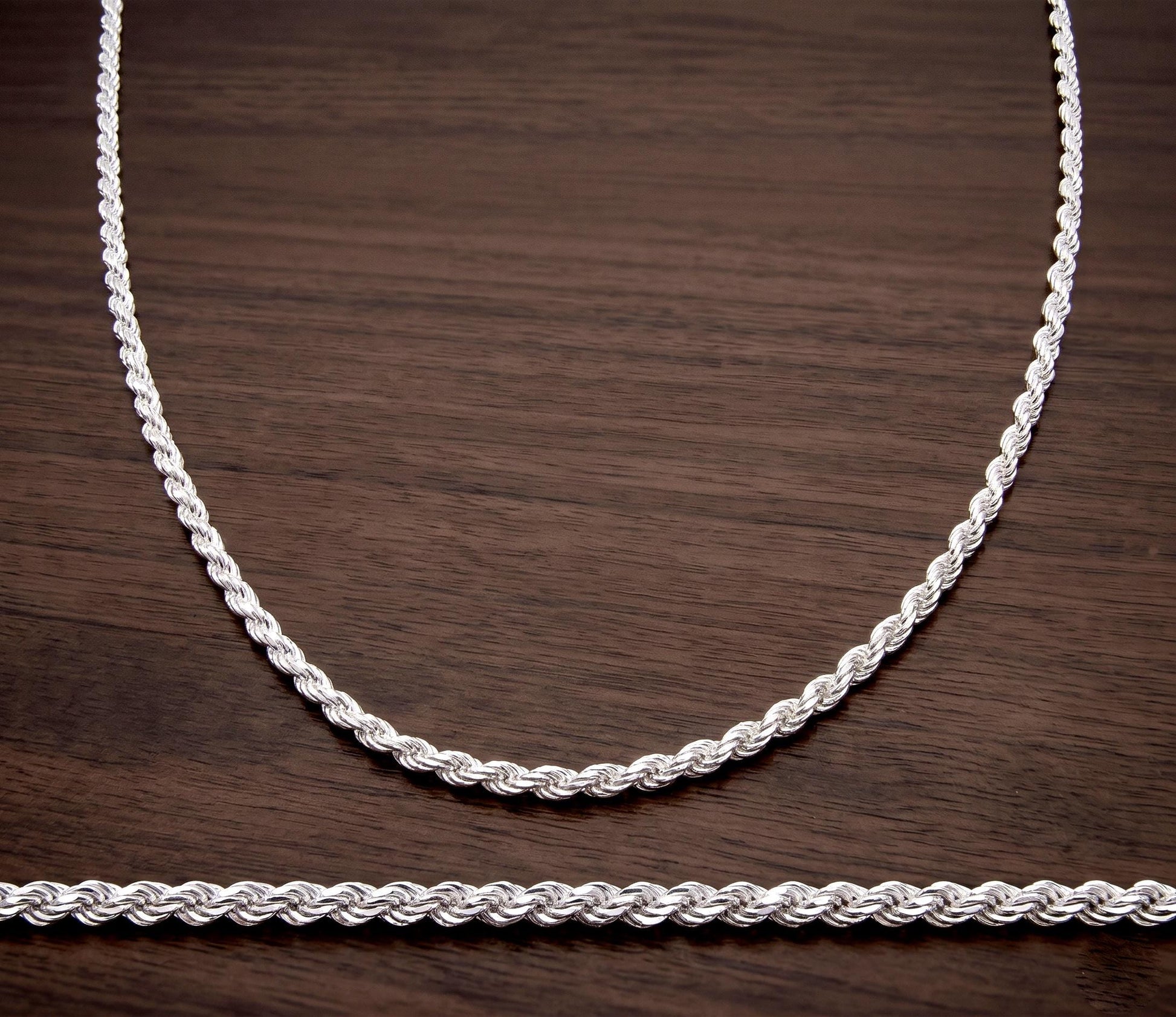 2MM Italian Diamond Cut Rope Chain, Solid 925 Sterling Silver Necklace or Bracelet