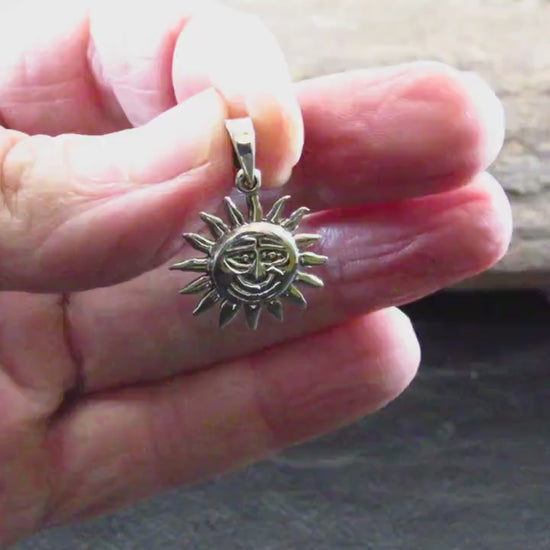 Solid 925 Sterling Silver Sun Face Pendant, Smiling Solar Rays Celestial Necklace Charm