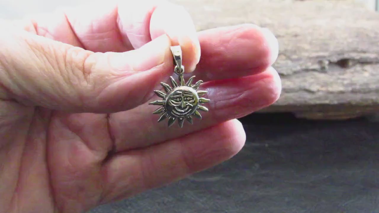 Solid 925 Sterling Silver Sun Face Pendant, Smiling Solar Rays Celestial Necklace Charm