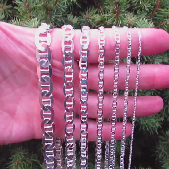 Solid 925 Sterling Silver Mariner Chain Necklace or Bracelet, Italian Made Men’s Marina Link, Heavy Nautical Silver Jewelry Gift for Him