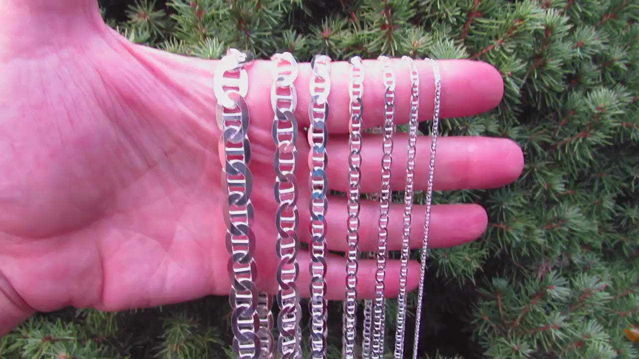 Solid 925 Sterling Silver Mariner Chain Necklace or Bracelet, Italian Made Men’s Marina Link, Heavy Nautical Silver Jewelry Gift for Him