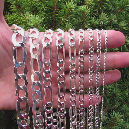 Solid 925 Sterling Silver Figaro Chain Necklace or Bracelet, Italian Made Men’s Silver Jewelry, Heavy Chunky Link Urban Streetwear Style