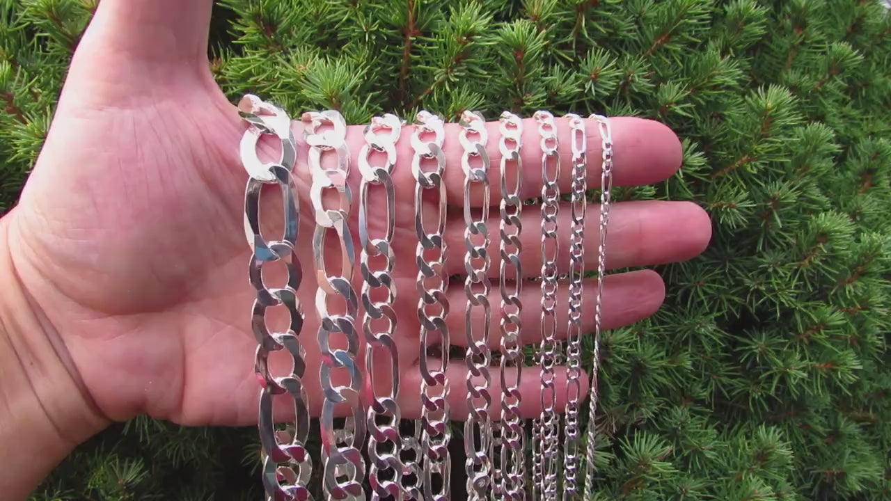 Solid 925 Sterling Silver Figaro Chain Necklace or Bracelet, Italian Made Men’s Silver Jewelry, Heavy Chunky Link Urban Streetwear Style
