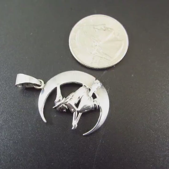 Solid 925 Sterling Silver Witch Flying on Crescent Moon Pendant, Wiccan Pagan Witchcraft Jewelry