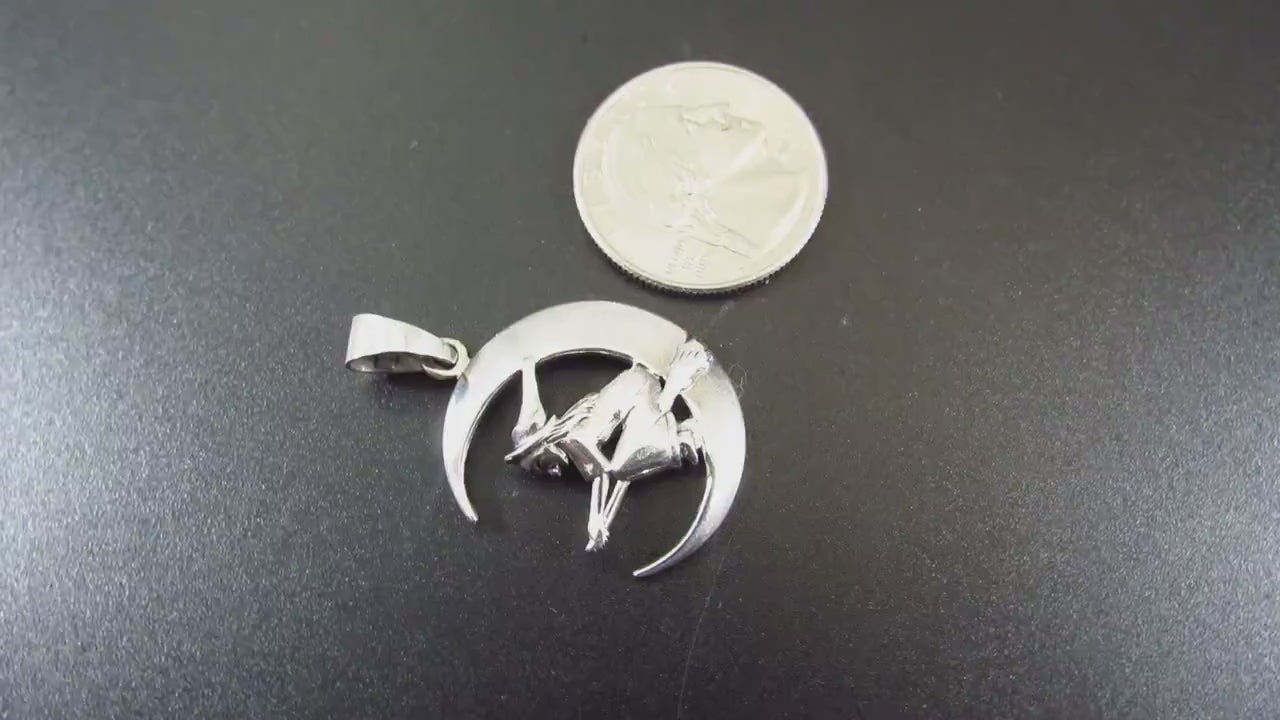 Solid 925 Sterling Silver Witch Flying on Crescent Moon Pendant, Wiccan Pagan Witchcraft Jewelry
