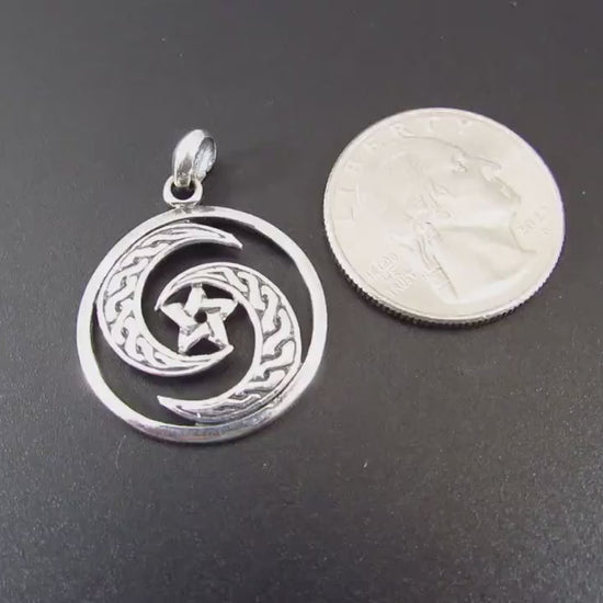 Solid 925 Sterling Silver Celtic Crescent Moon Pentacle Pendant, Wiccan Protection Amulet, Triple Goddess