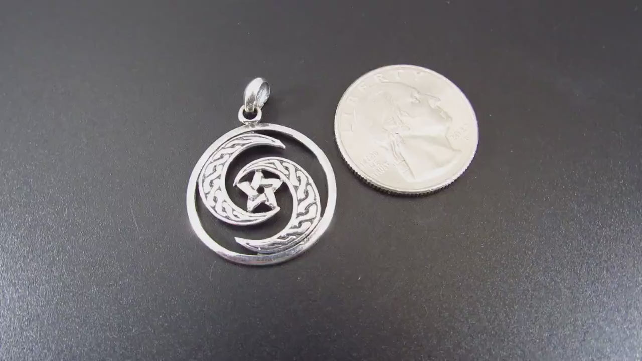 Solid 925 Sterling Silver Celtic Crescent Moon Pentacle Pendant, Wiccan Protection Amulet, Triple Goddess