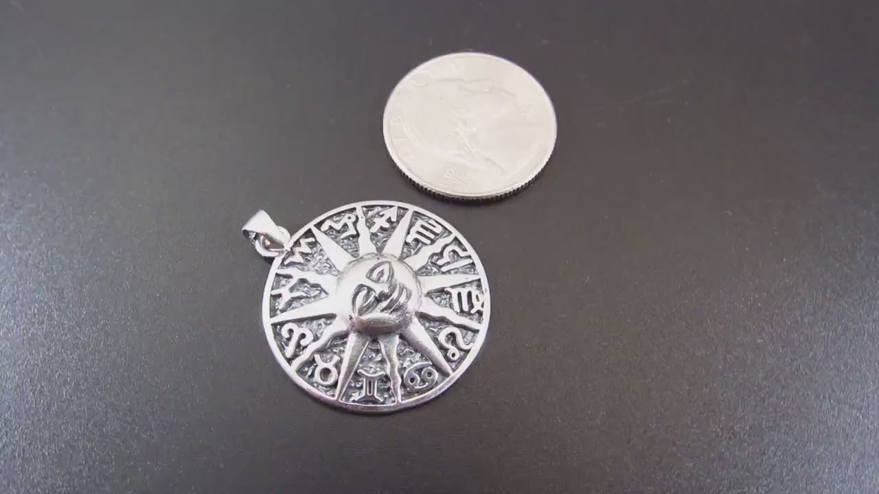 Solid 925 Sterling Silver Zodiac Sun Pendant – Astrology Necklace Amulet, Celestial Horoscope Charm, Handcrafted Boho Star Sign Jewelry