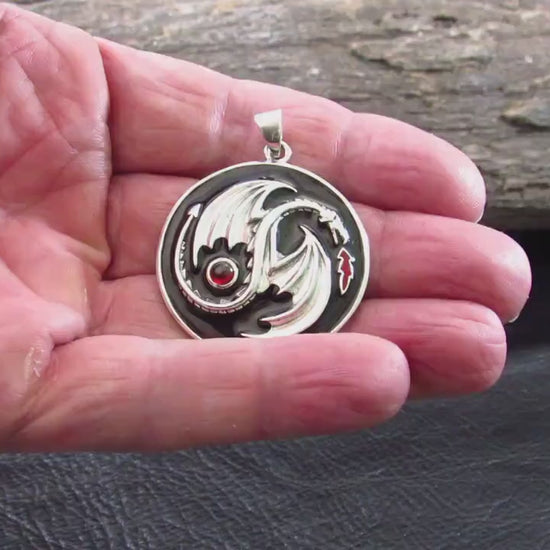 Solid 925 Sterling Silver Yin Yang Dragon Pendant with Red Garnet Gemstone, Gothic and Fantasy Jewelry, Dragoncore Medallion Gift for Him