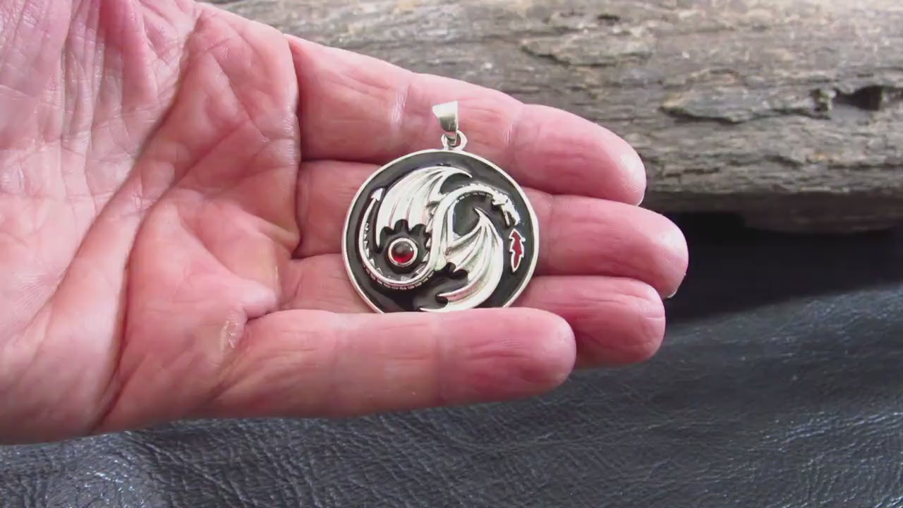 Solid 925 Sterling Silver Yin Yang Dragon Pendant with Red Garnet Gemstone, Gothic and Fantasy Jewelry, Dragoncore Medallion Gift for Him