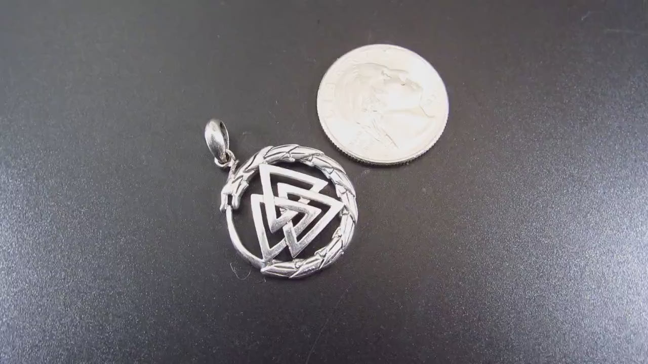 Solid 925 Sterling Silver Valknut Pendant with Jörmungandr Serpent – Norse Pagan Necklace Amulet – Viking Odin Symbol – Nordic Jewelry