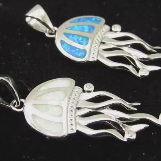 Solid 925 Sterling Silver Jellyfish Pendant, Blue or White Opal Gemstones, Handcrafted Sea Life Jewelry, Marine Ocean Nautical Charm