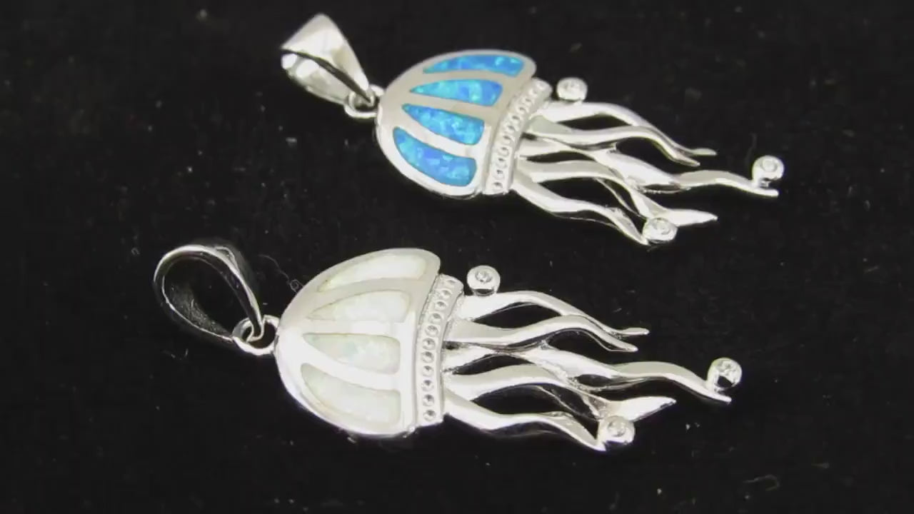 Solid 925 Sterling Silver Jellyfish Pendant, Blue or White Opal Gemstones, Handcrafted Sea Life Jewelry, Marine Ocean Nautical Charm
