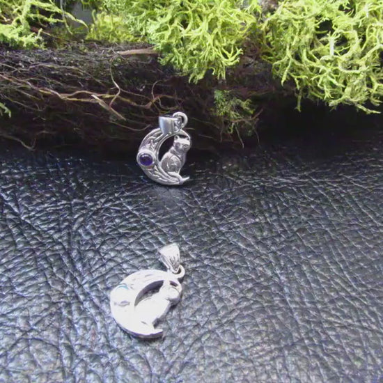 Solid 925 Sterling Silver Celtic Moon Cat Pendant – Witchy Crescent Moon Amethyst or Moonstone