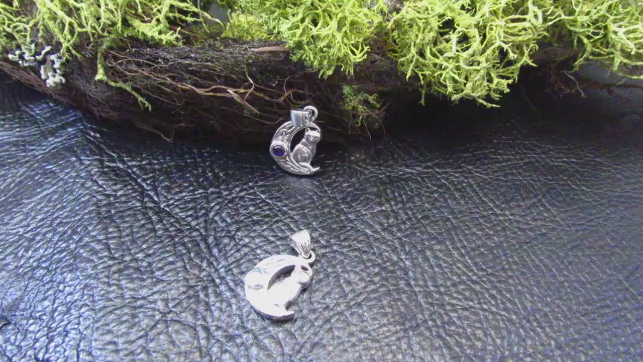 Solid 925 Sterling Silver Celtic Moon Cat Pendant – Witchy Crescent Moon Amethyst or Moonstone