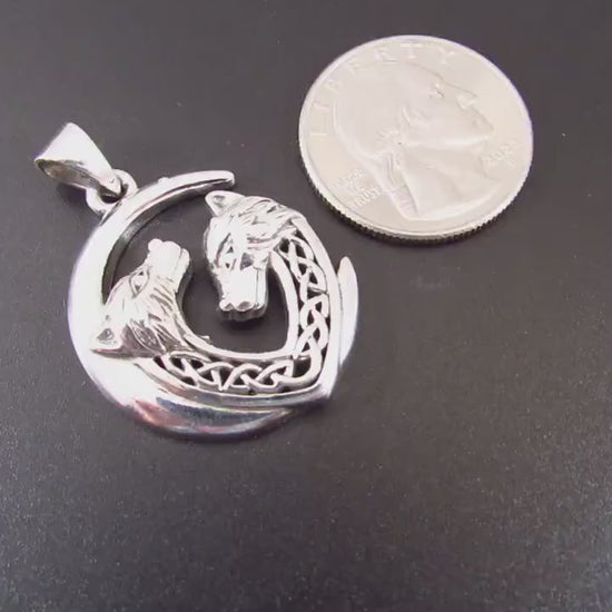 Solid 925 Sterling Silver Wolf Moon Celtic Knot Pendant, Handcrafted Jewelry With Two Wolves Under Crescent Moon, Unique Mystical Amulet