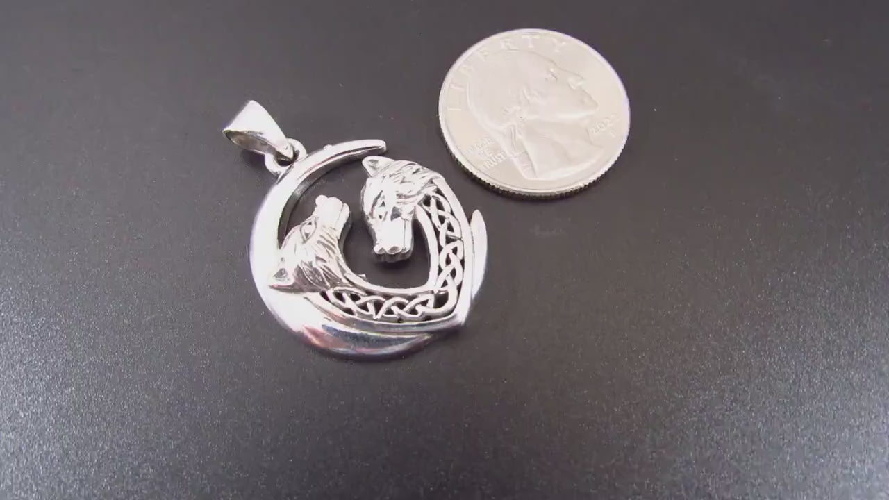 Solid 925 Sterling Silver Wolf Moon Celtic Knot Pendant, Handcrafted Jewelry With Two Wolves Under Crescent Moon, Unique Mystical Amulet