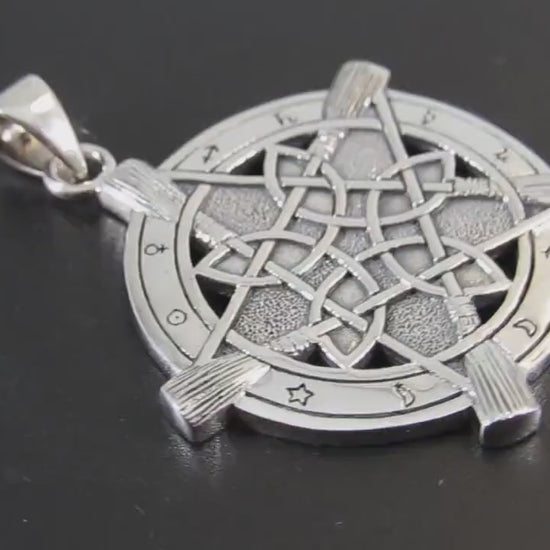 Solid 925 Sterling Silver Universal Broom Pentacle Pendant with Zodiac Symbols, Pagan Jewelry Amulet