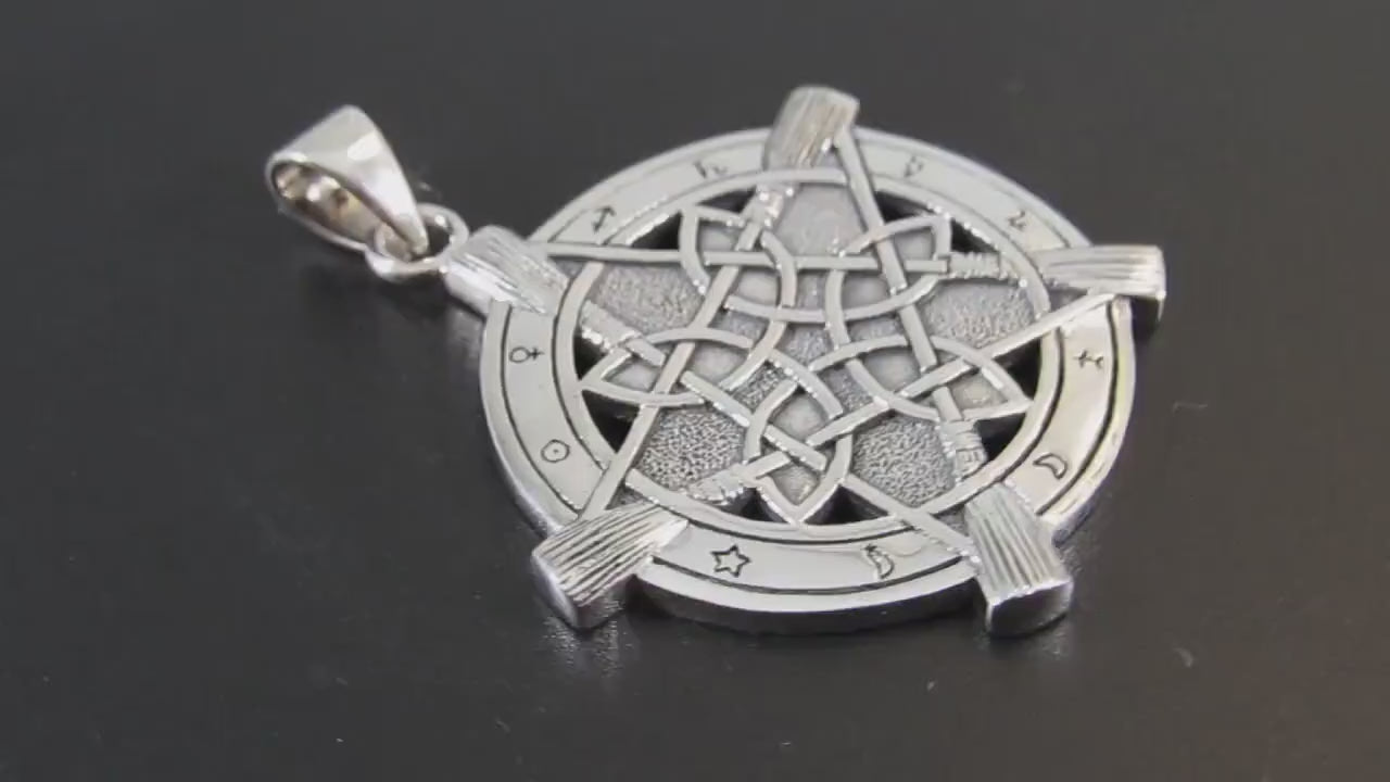 Solid 925 Sterling Silver Universal Broom Pentacle Pendant with Zodiac Symbols, Pagan Jewelry Amulet